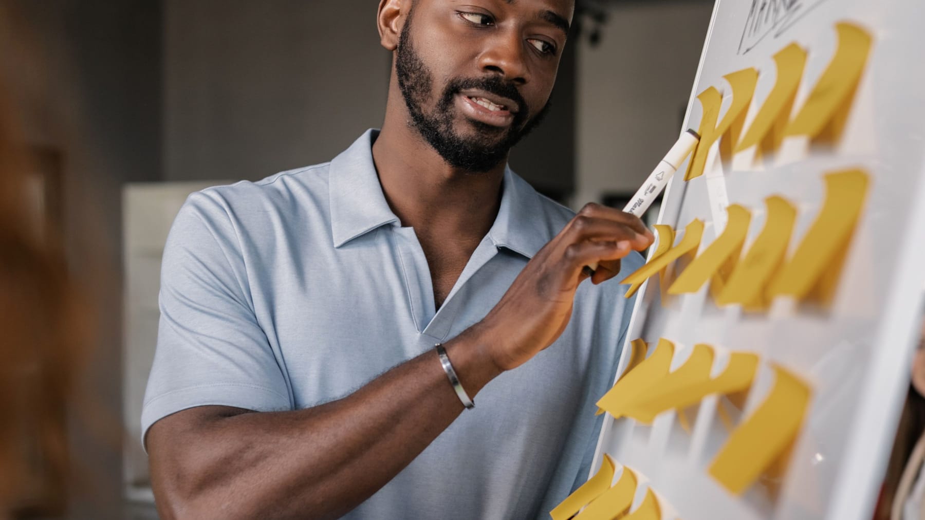 Business strategist choosing between competing ideas on a strategy board